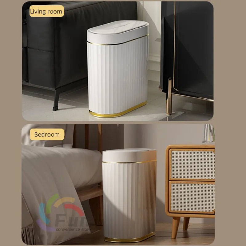 White automatic smart trash can with sensor lid on a kitchen floor.