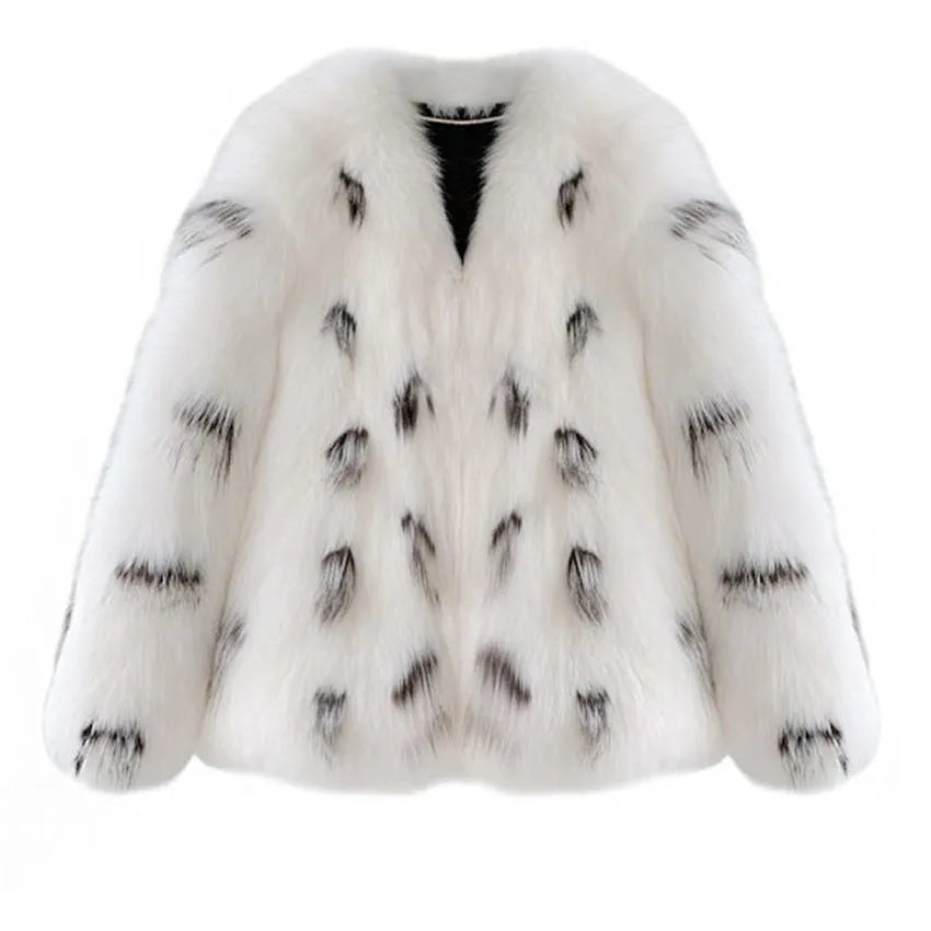 Black and white women's plus size short faux fur coat with regular sleeves