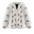 Black and white women's plus size short faux fur coat with regular sleeves