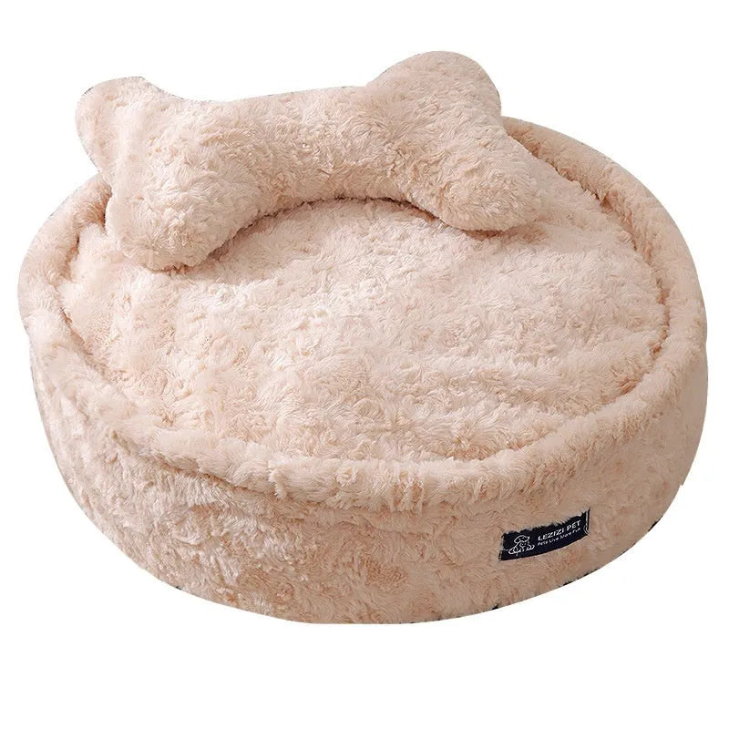 Round nest style pet bed in milk tea colour with a removable cloth cover, shown with S, M, L, XL size options.