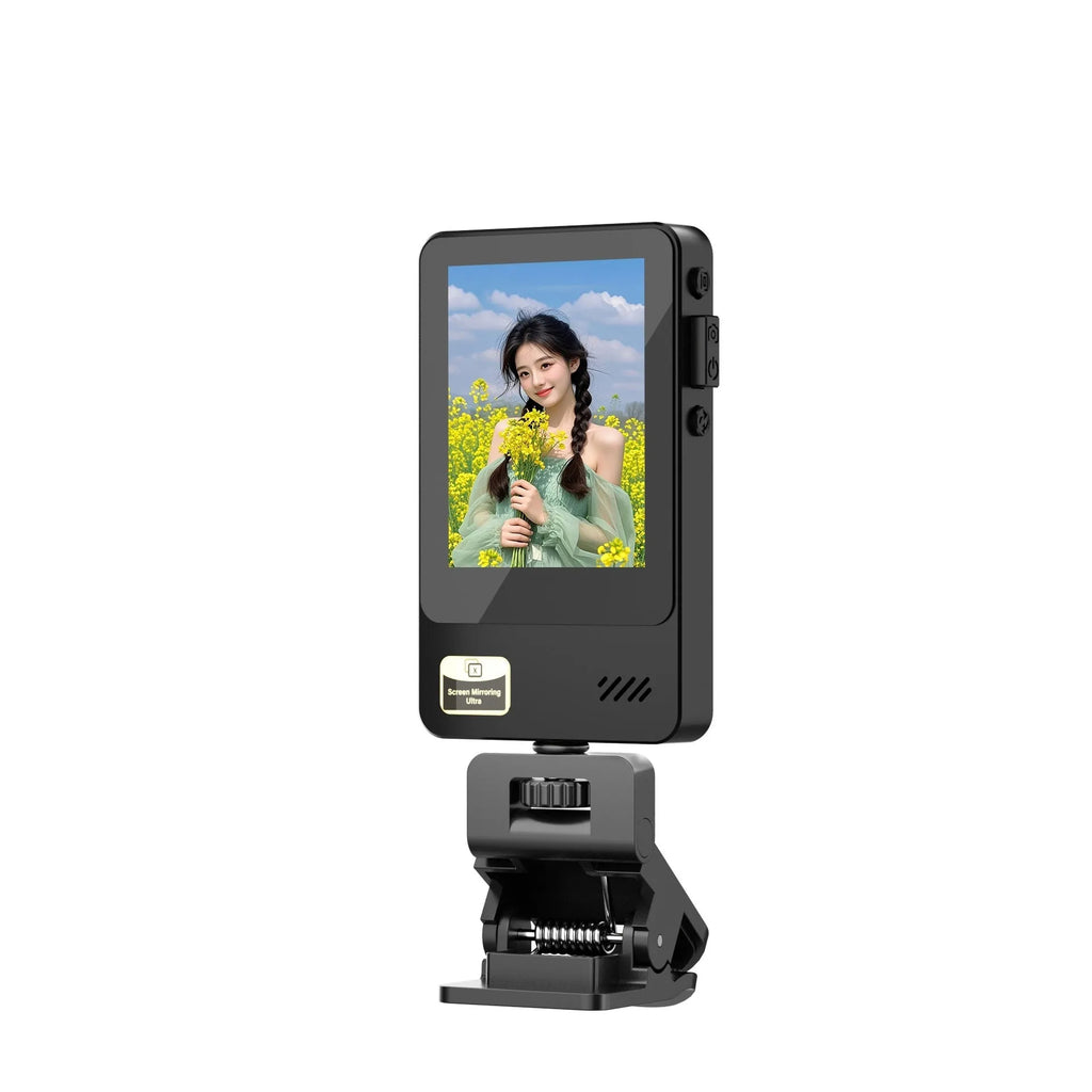 Wireless mobile screen sharing device with 2.4-inch IPS display, 1200mAh battery, and Bluetooth selfie function in black plastic