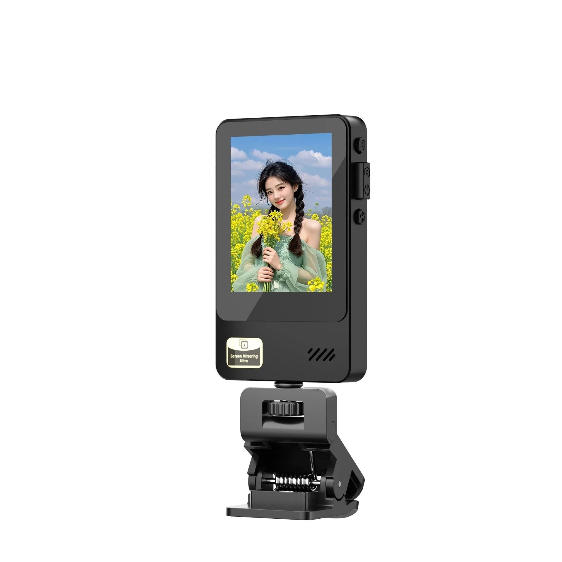 Wireless mobile screen sharing device with 2.4-inch IPS display, 1200mAh battery, and Bluetooth selfie function in black plastic