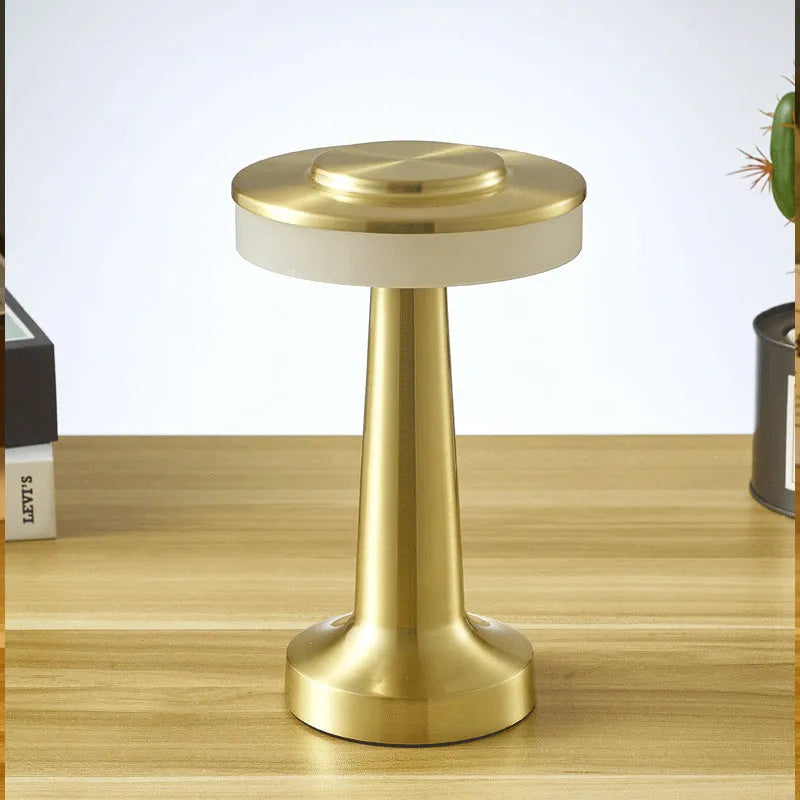 Wireless rechargeable touch sensor mushroom table lamp in gold with acrylic shade