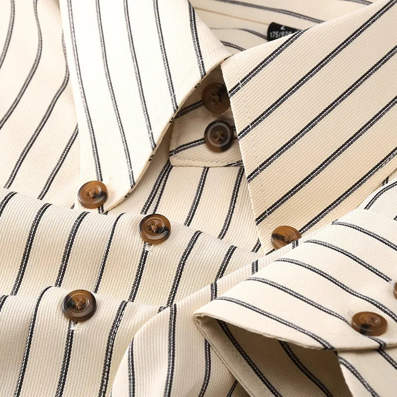 Coffee-coloured men's long-sleeved slim-fit business shirt with wool lining on a hanger