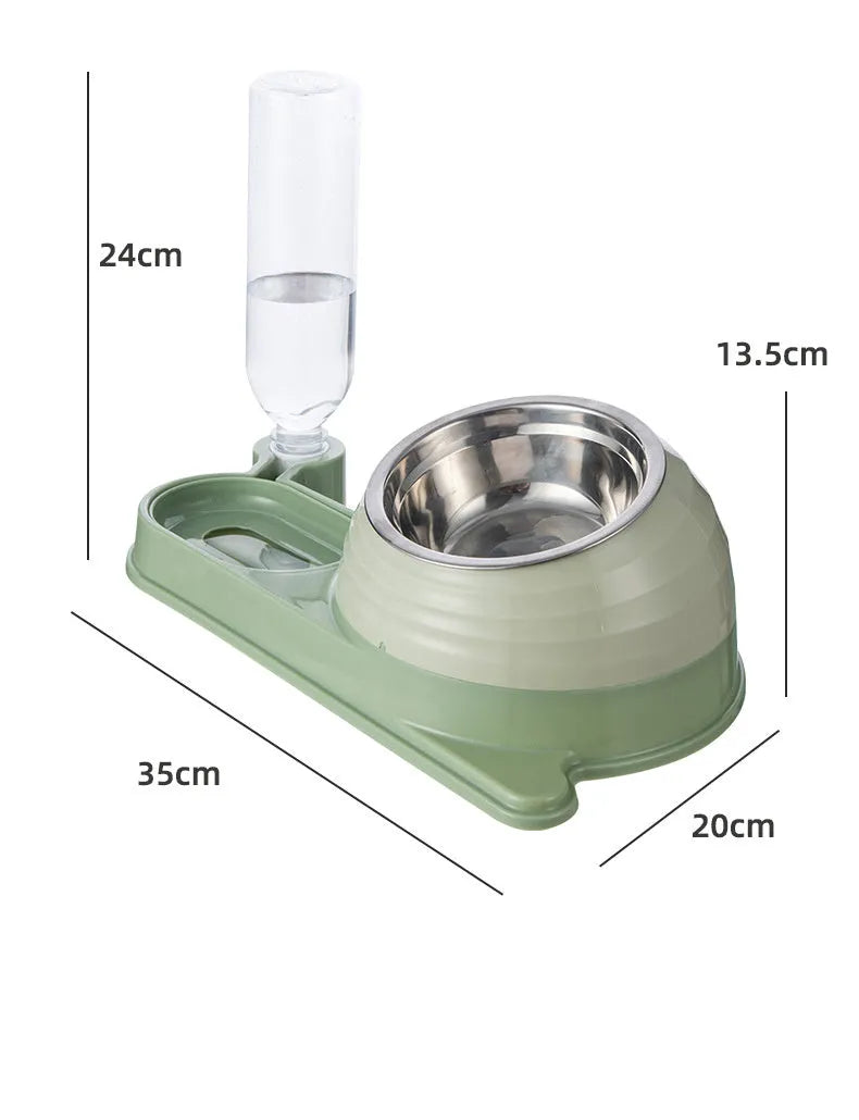 Brown elevated cat bowl with attached water bottle dispenser on a white background