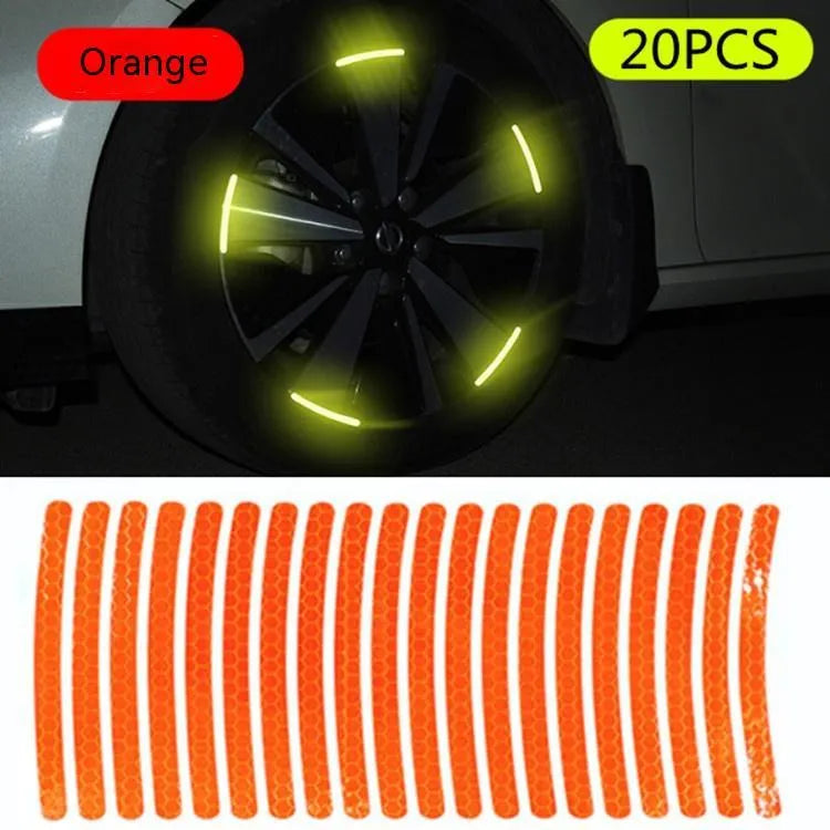 20-piece car wheel hub reflective stickers in PVC with multiple colour options for tyre warning and decoration