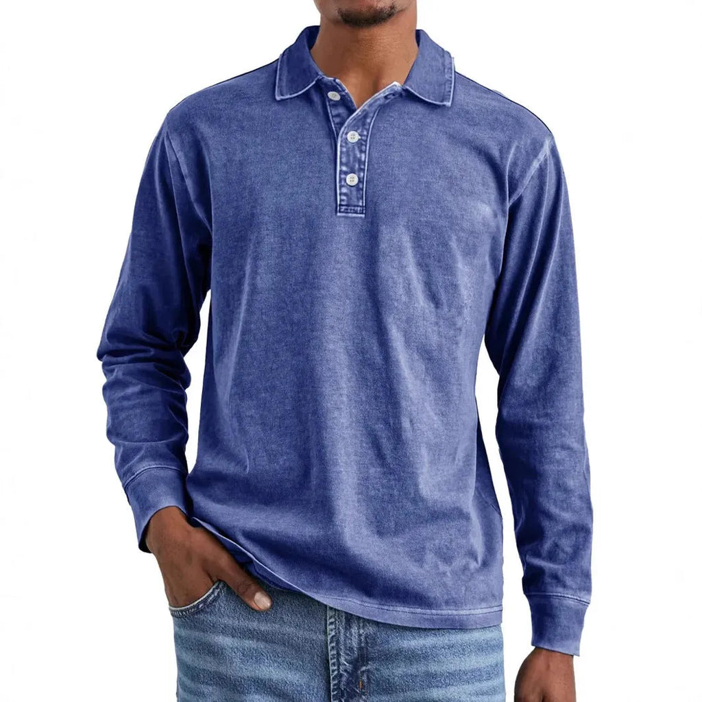 Retro washed long sleeve polo shirt in Army Green on a hanger.