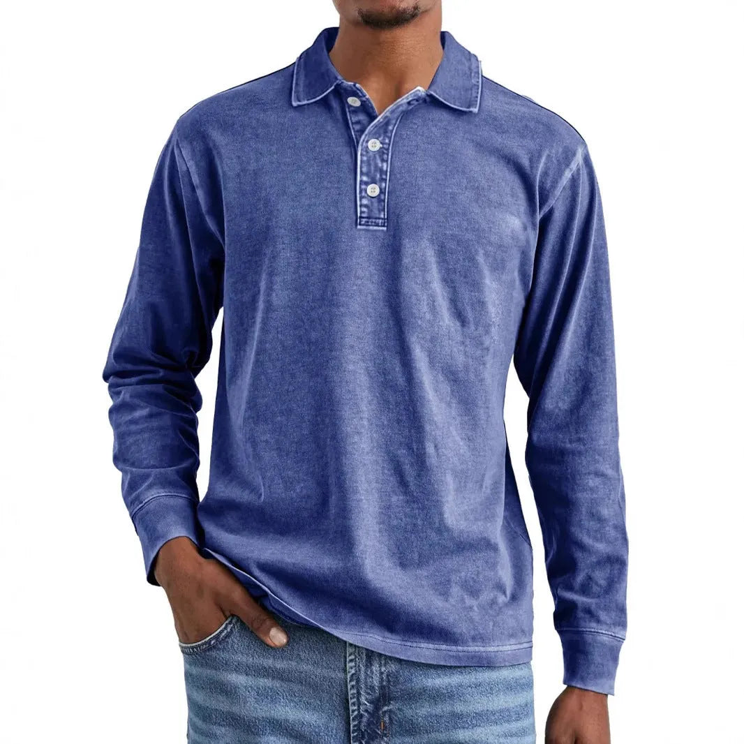 Retro washed long sleeve polo shirt in Army Green on a hanger.