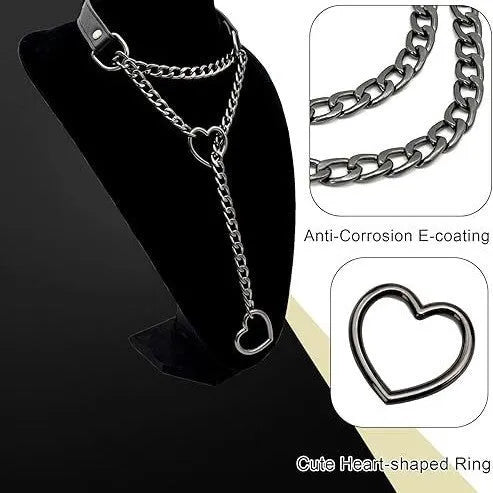 Black Heart PU leather and circle O necklace with copper pendant on a 61-70cm stainless steel chain