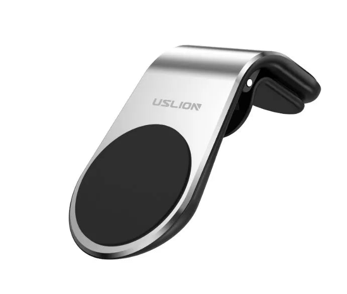Car phone bracket mounted on vehicle air vent in silver finish showing rotation adjustment