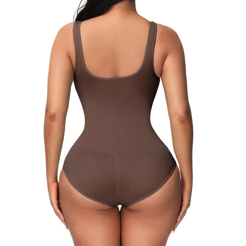 Green seamless nylon corset bodysuit for women on a hanger, showing its one-piece shaping design.