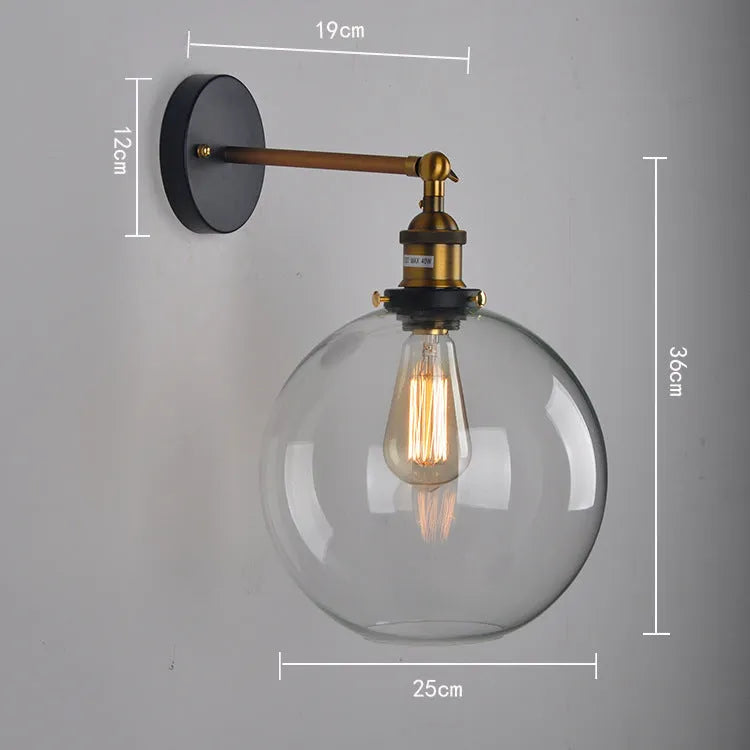 Retro spherical glass wall light fitting with a 20cm diameter, shown in amber tint.