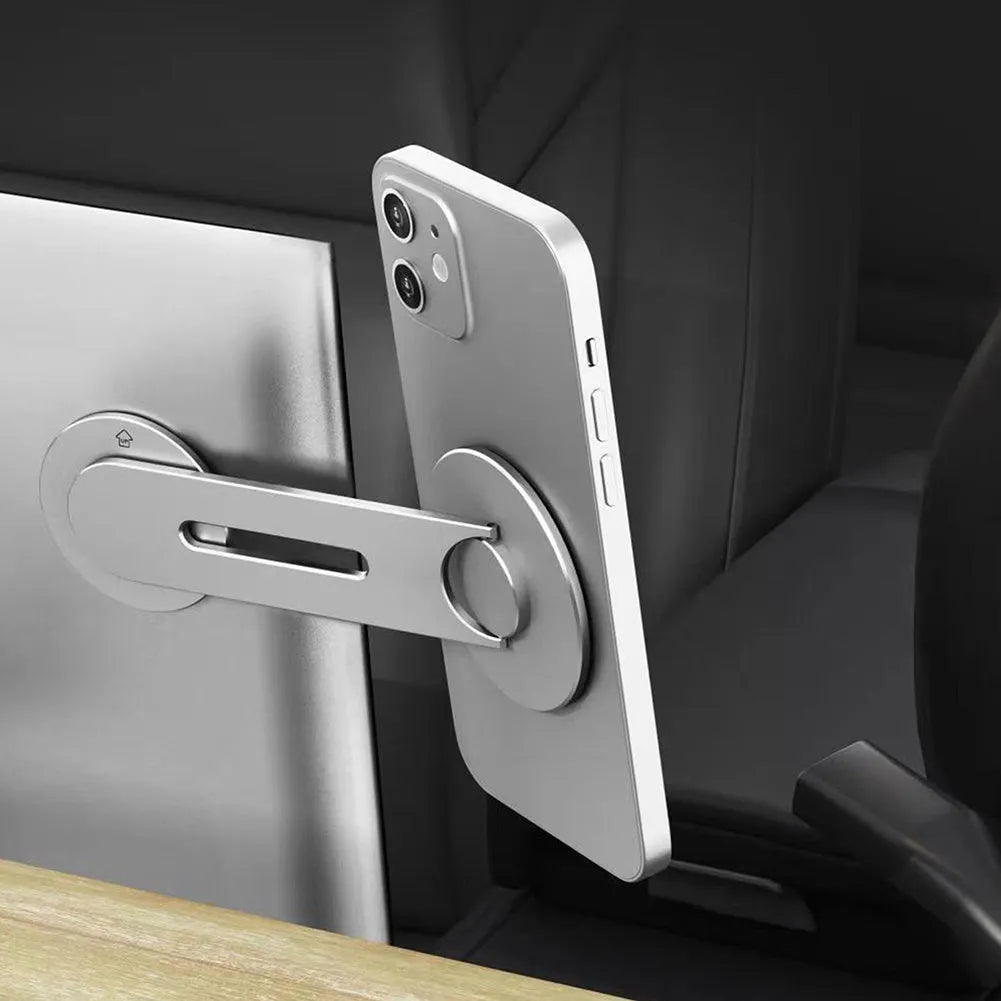 Silver aluminium alloy magnetic phone holder with flip mount for Tesla dashboard