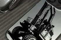 iPhone 16 Pro hard PC phone case with blue laser excavator design and smooth finish
