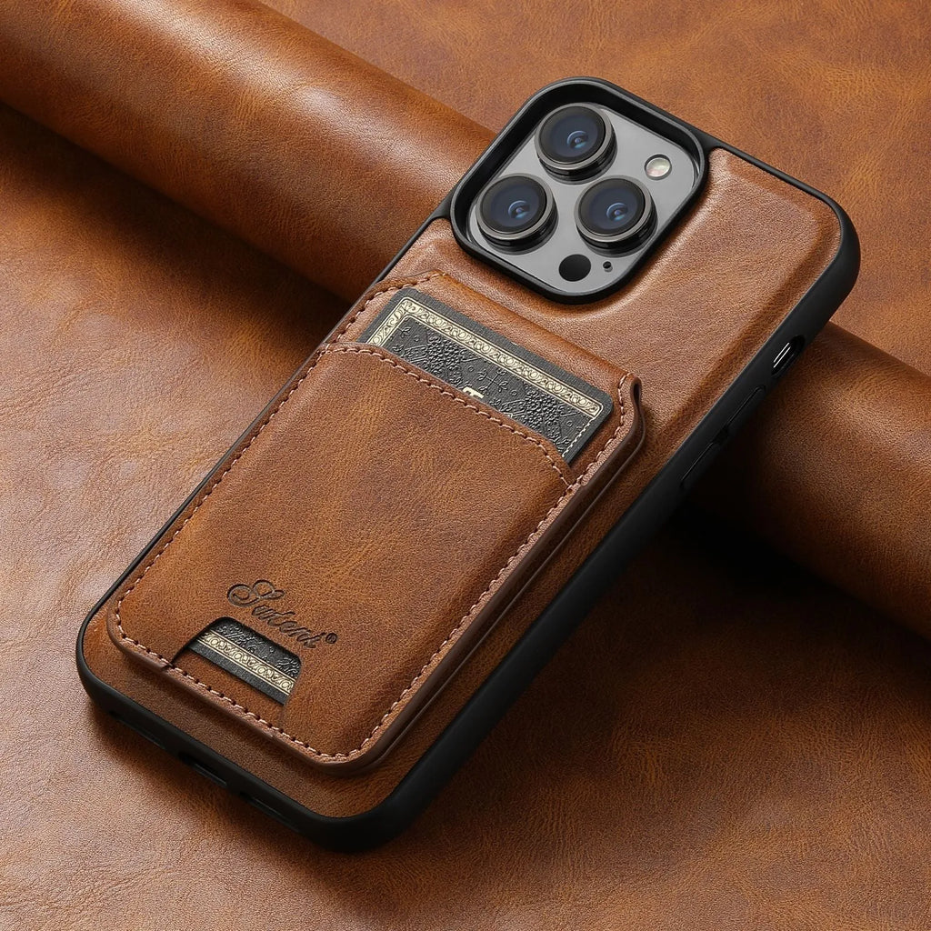 Magnetic MagSafe silicone iPhone case with built-in card holder in black oil wax finish
