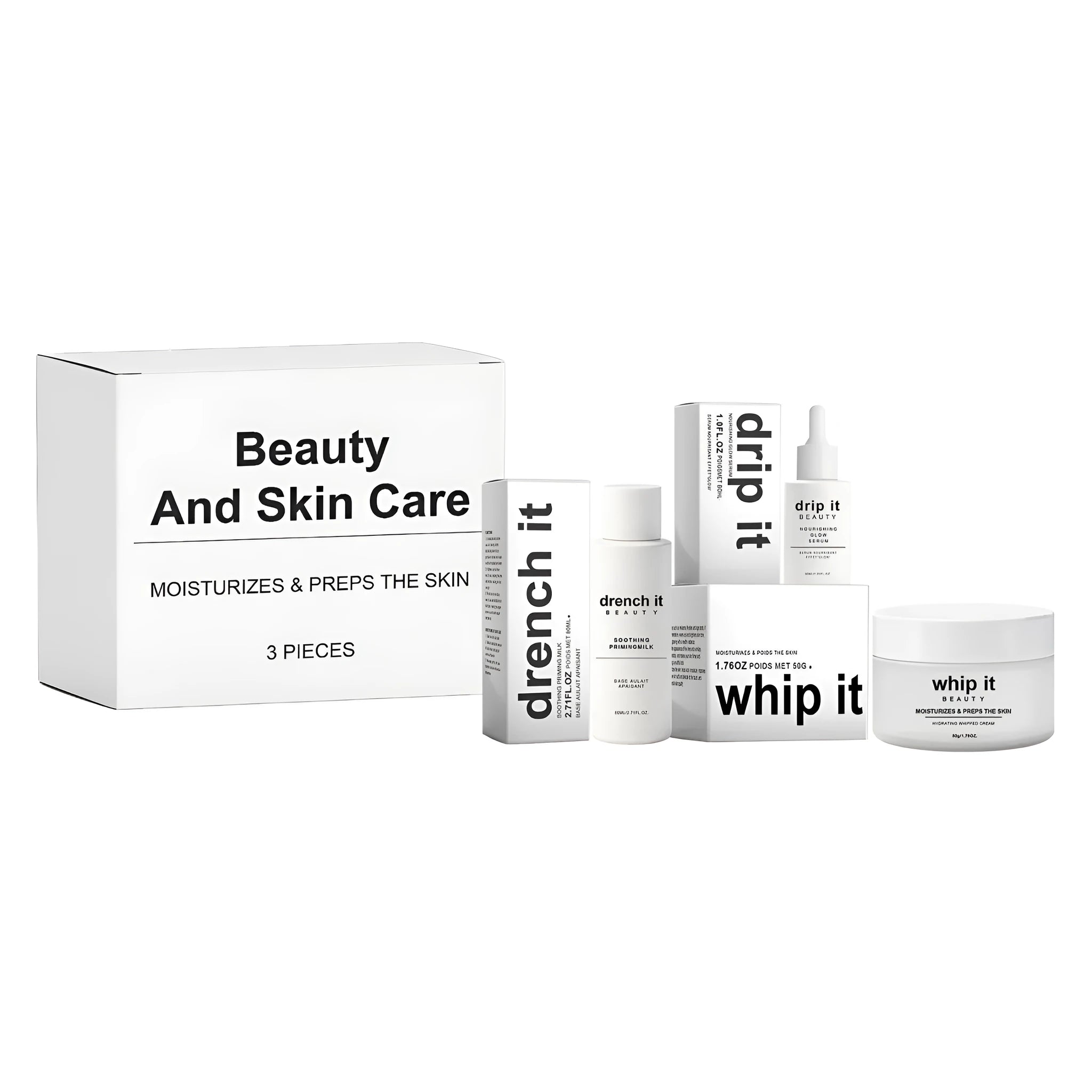 Beauty And Skin Care set with firming facial essence, skin firming milk, and anti-wrinkle cream in individual bottles