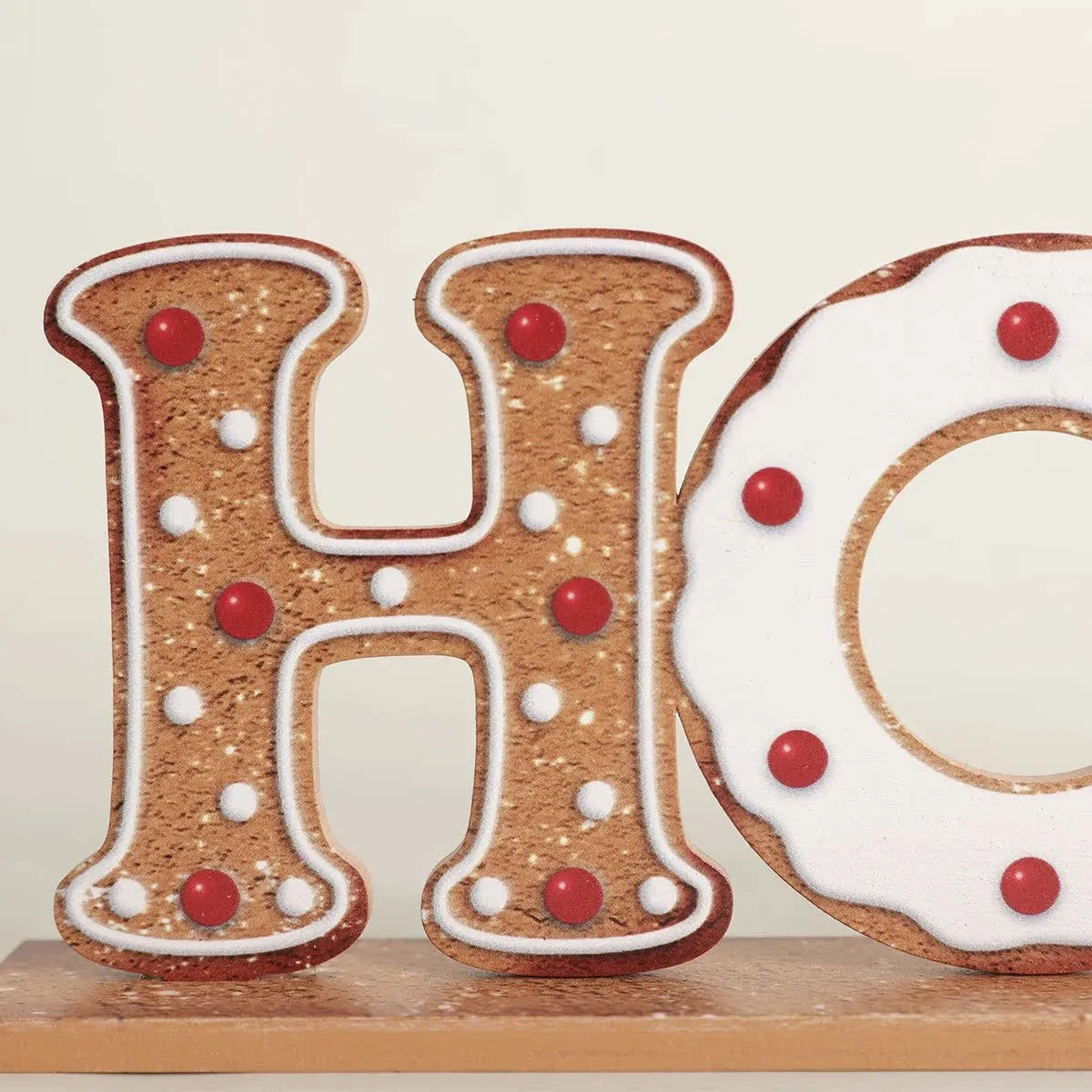 Christmas wooden letter ornament in ginger cake style with picture style colour finish for tree hanging