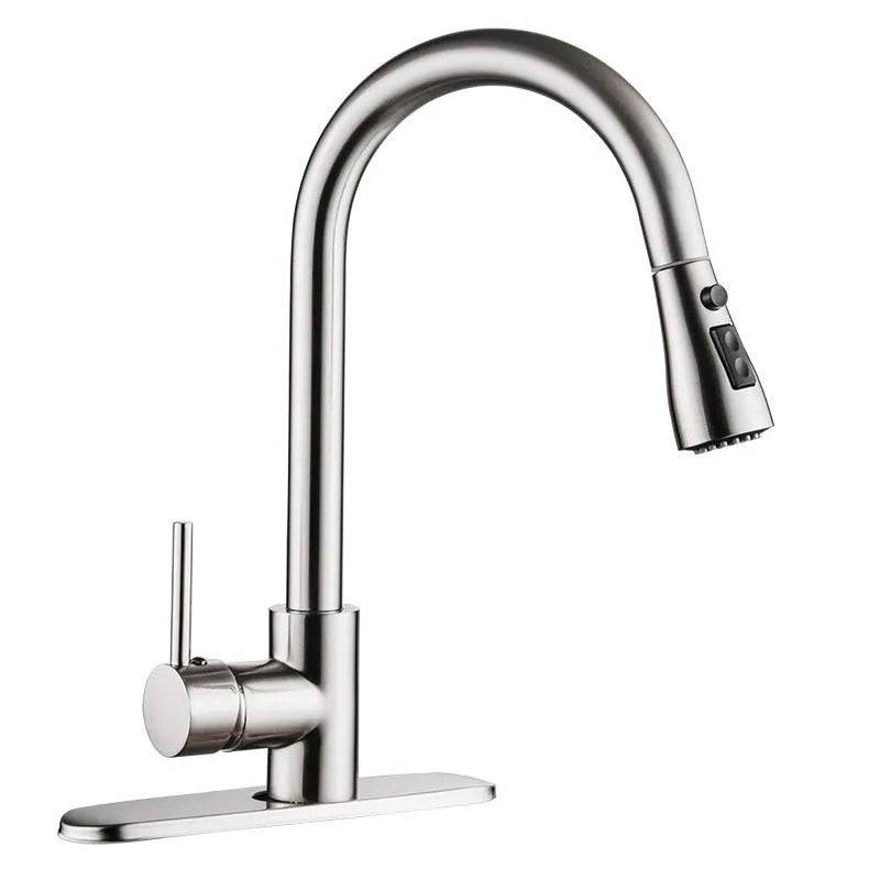 Pull-out hot and cold kitchen faucet with brushed copper finish and single lever lift on a kitchen sink