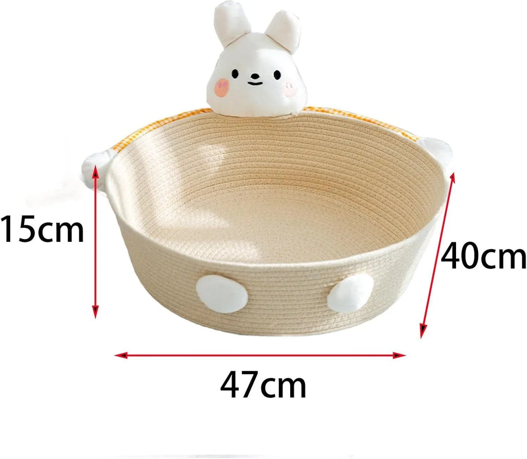 Woven cotton rope cat bed basket with scratching pad in bear design, shown in medium size.