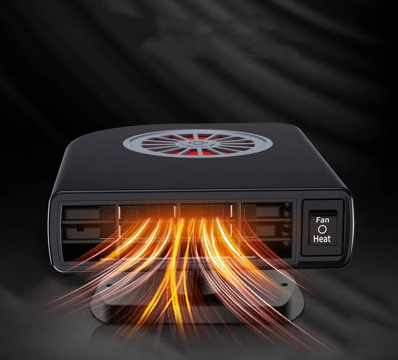 Black ABS plastic 12V car heater for defrosting windscreens and purifying cabin air.