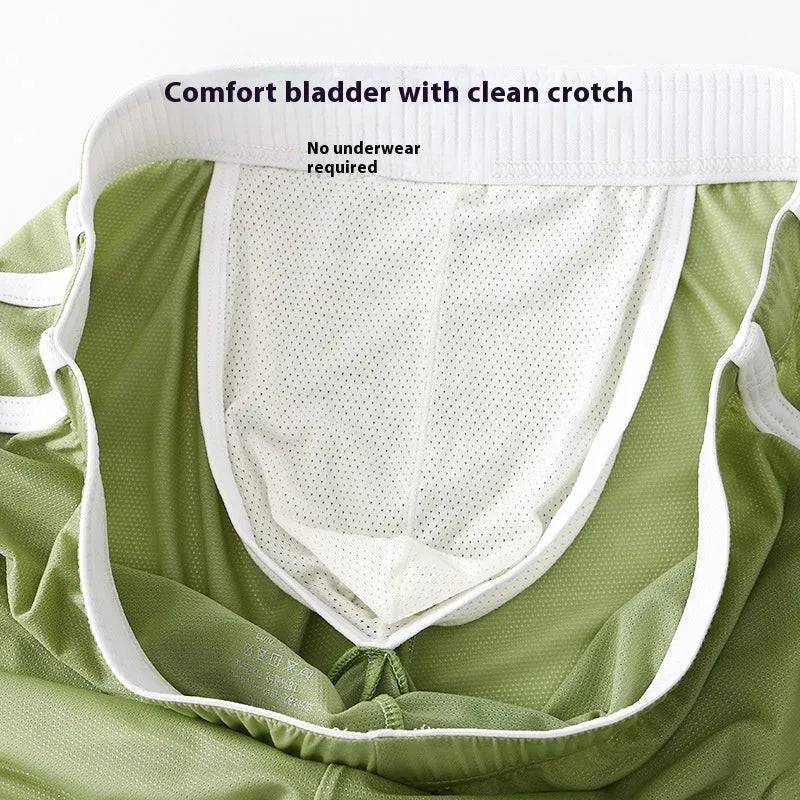 Men's low waist boxer shorts in ice silk fabric, shown in various colours including black, army green, and light purple