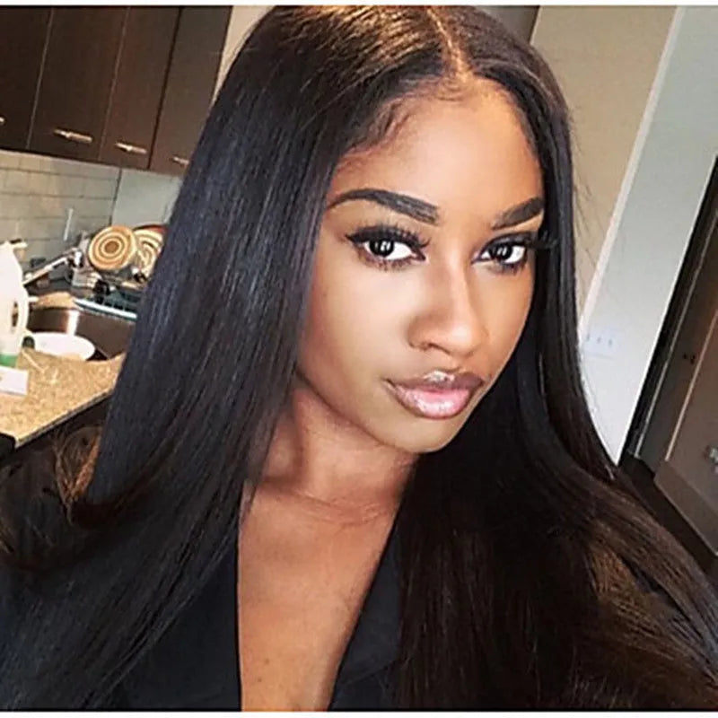 Long straight black wig with centre-parted bangs on a model, showing European-American style.