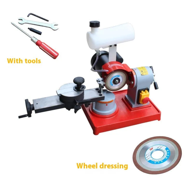 Xiao Mo Wang manual sharpedge grinding machine for alloy circular saw blades on a workbench.