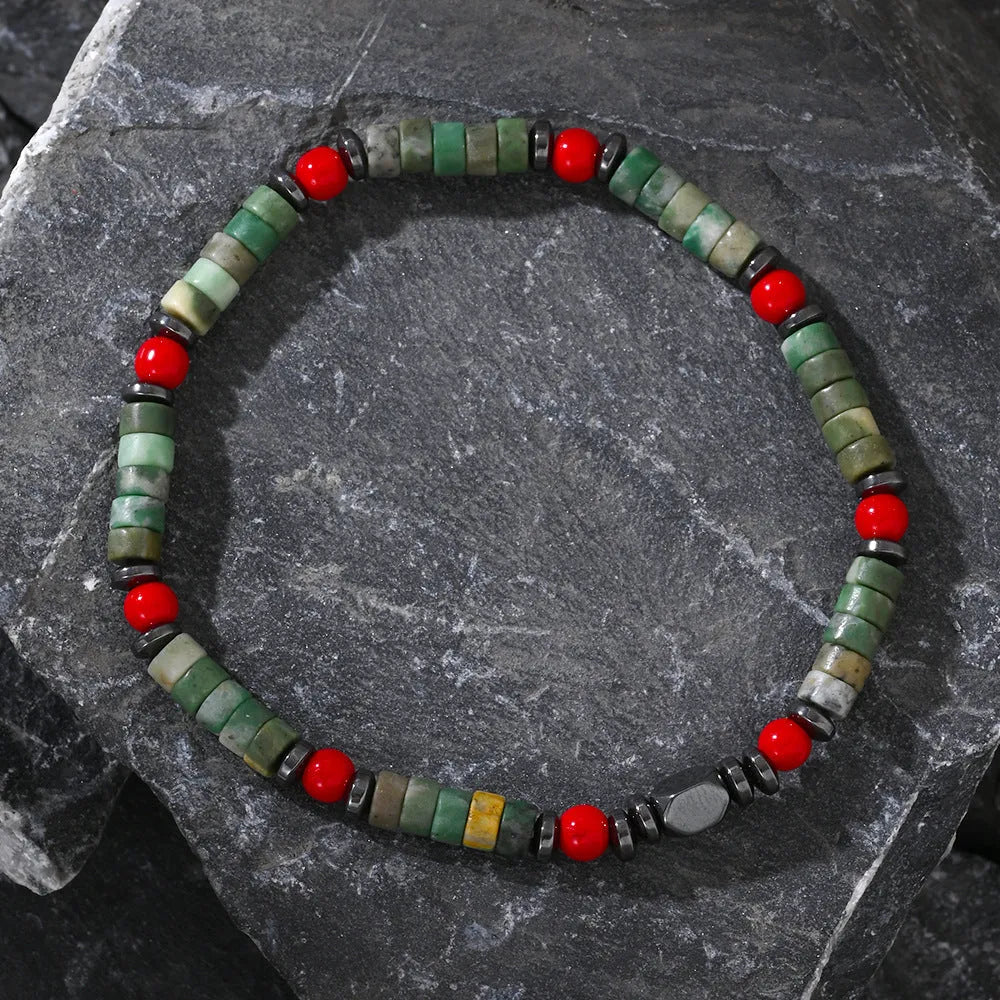 Bohemian cylindrical natural stone beads string bracelet, hand-woven semi-precious stone fashion ornament for men