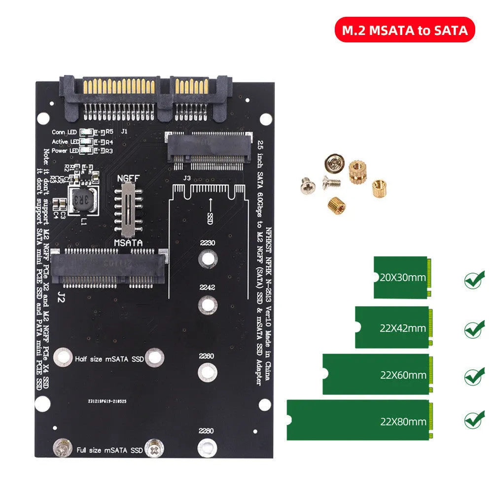 Black and blue SATA3 to M.2 NGFF mSATA SSD adapter conversion card on a static bag.