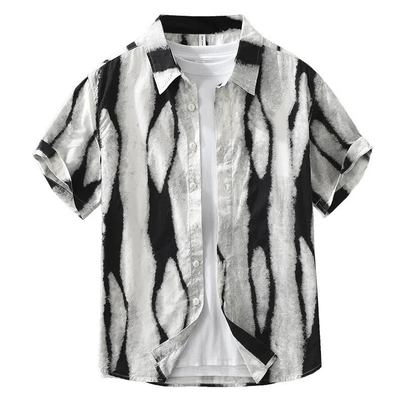 Retro black and brown striped short sleeve cotton shirt with a loose, cardigan-style fit.