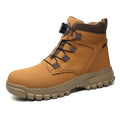 Leather upper safety shoes with a steel toe cap, shown in black colour.