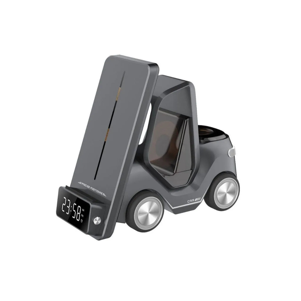 Grey 3-in-1 wireless charging bracket holding a phone, smartwatch, and earbud case on a desk.
