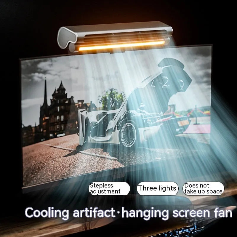 Black USB-powered bladeless desk fan with a screen clamp and integrated LED light, shown attached to a laptop.