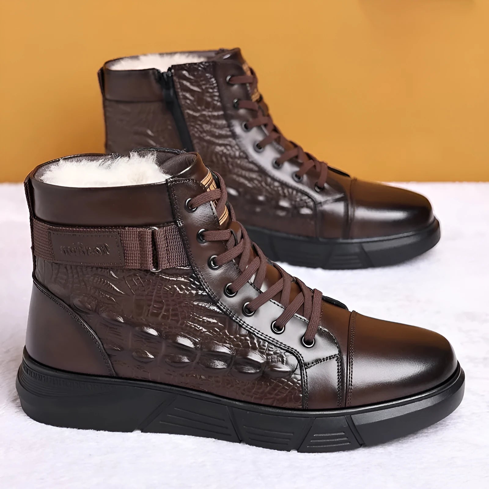 Men's genuine leather snow boots with fur lining, round toe design, and front lace-up closure in black or brown with velvet detailing