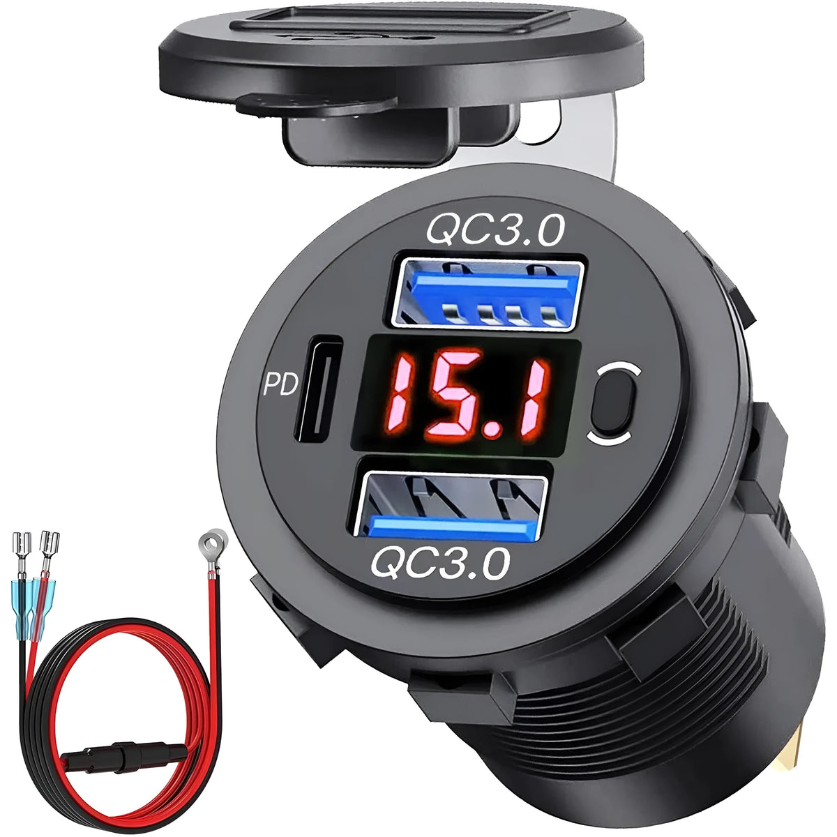 Dual QC car phone charger PD30 with digital display, blue with wire, showing 12V output