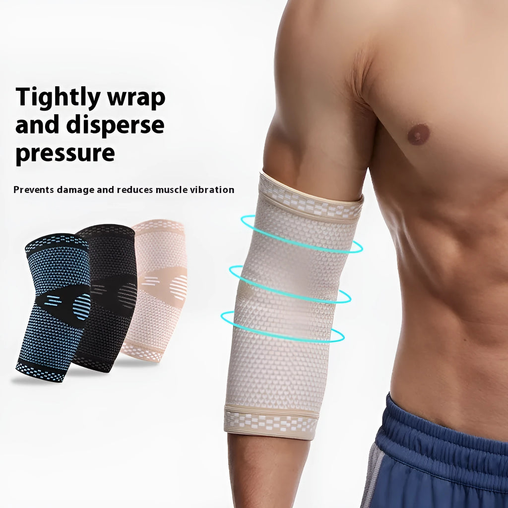 Breathable knitted nylon sports elbow guard for summer, available in black blue, black grey, and skin colour