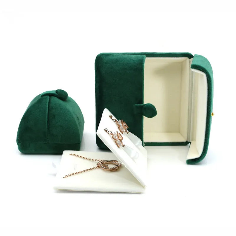 Dark green velvet flannel double door flip jewellery box with gold plated hinges for rings and accessories