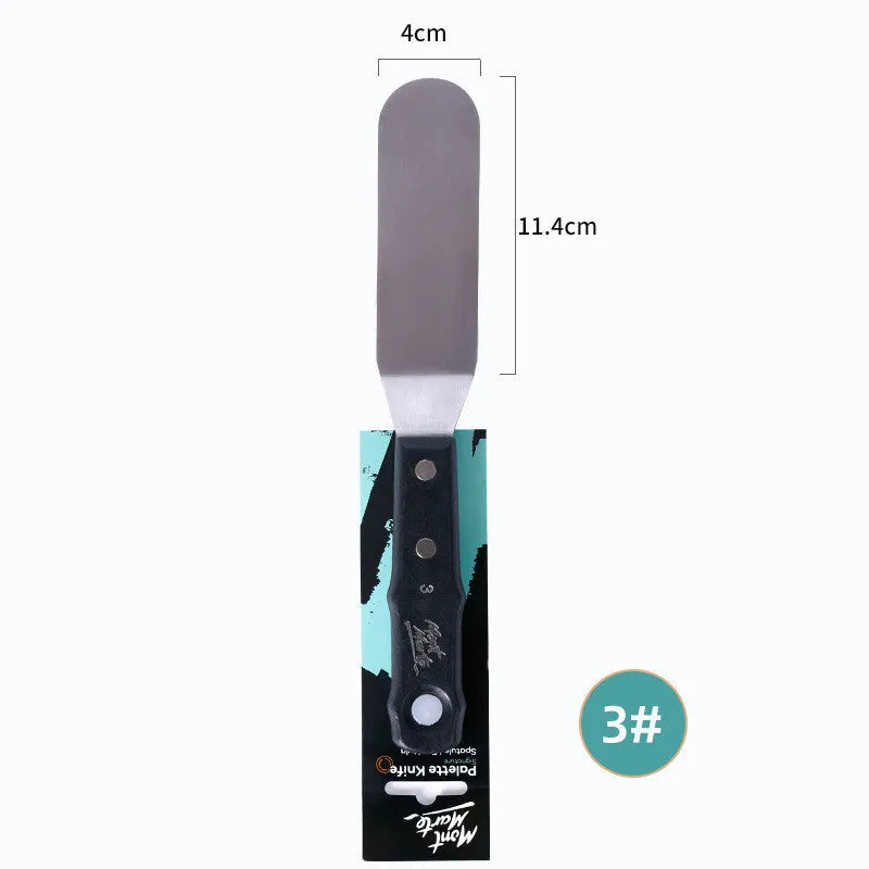 Three stainless steel oil painting palette knives, sizes No. 3, No. 10, and No. 12, on a surface.