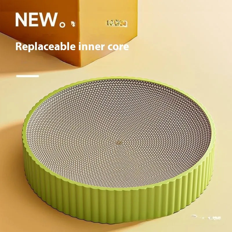 Green and white round 55 cm cat scratching board nest with corrugated paper surface.