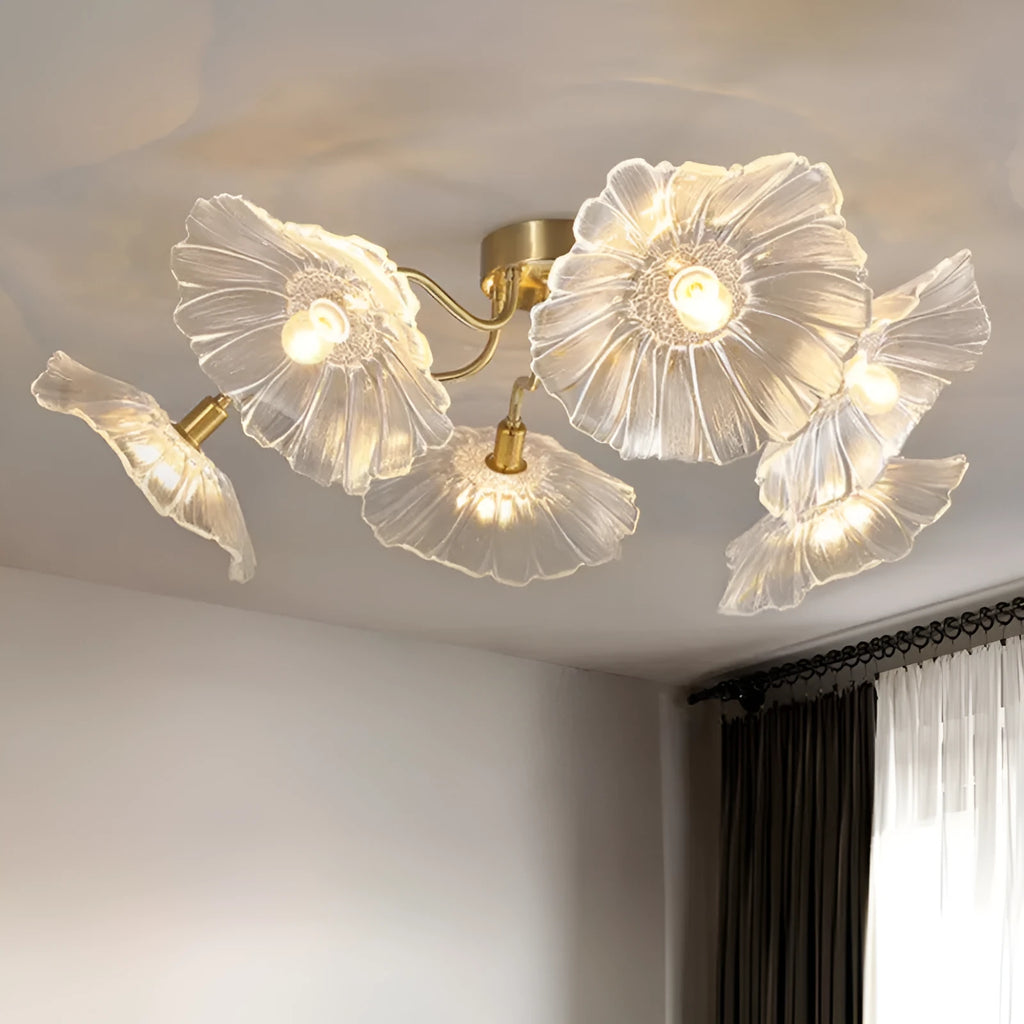 Modern creative ceiling lamp with white or purple flower heads, showing five-head and six-head options.