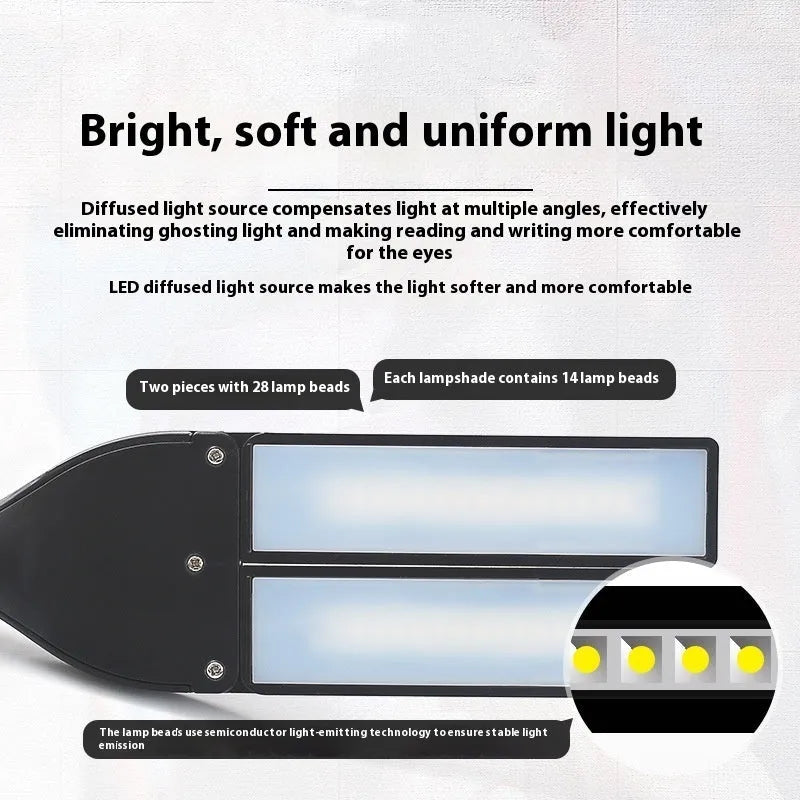 Black clip-on music stand lamp with 28 LEDs, shown with USB cable and AA batteries.