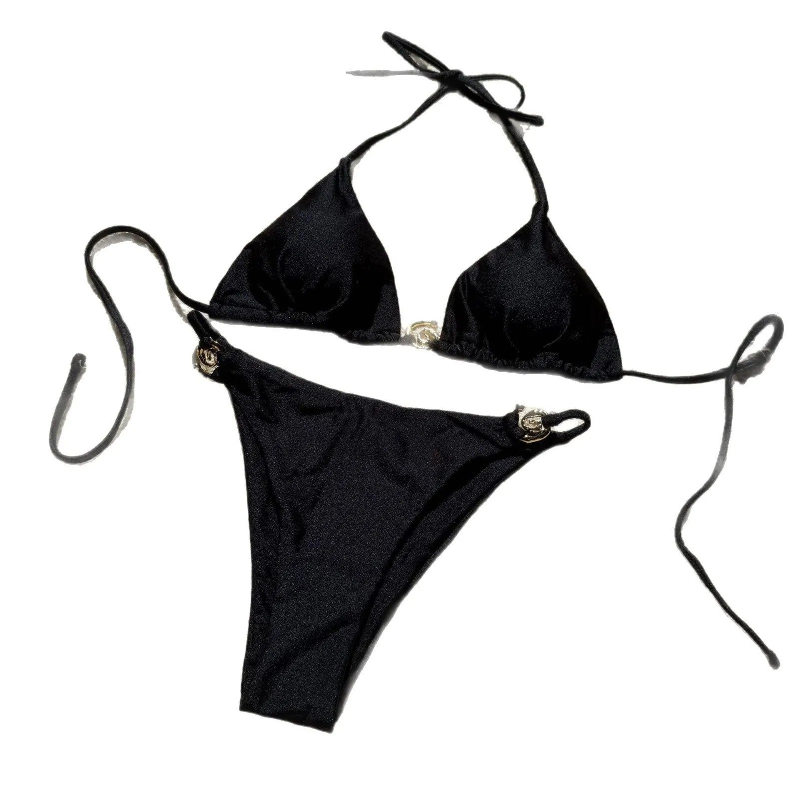 Nylon metal ring lace-up backless bikini two-piece swimsuit in white with metal accents