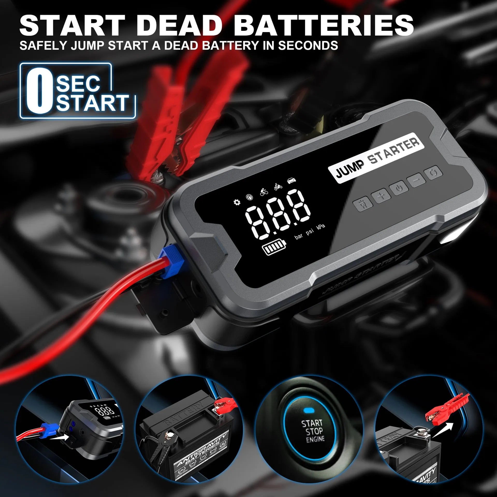 CY53 model black portable car jump starter power bank with digital screen and air hose