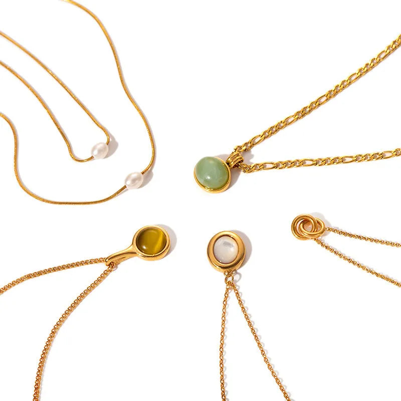 Retro stainless steel necklace with mixed gem inlaid agate pendant and regular chain style electroplated finish