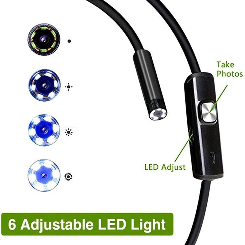 USB-C endoscope with small camera probe, magnet, hook, and side mirror attachments on a table.