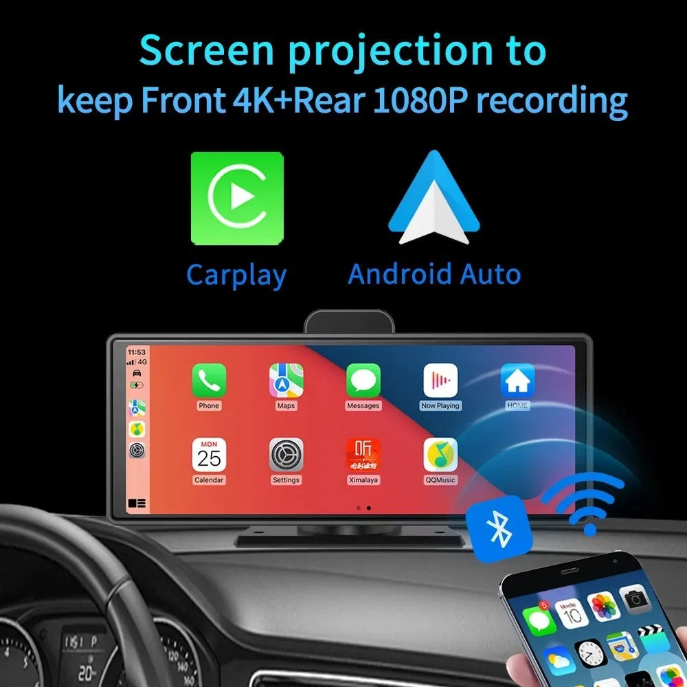 12-inch touch screen car dash cam mounted on windshield, showing split-screen view of front and rear road footage.