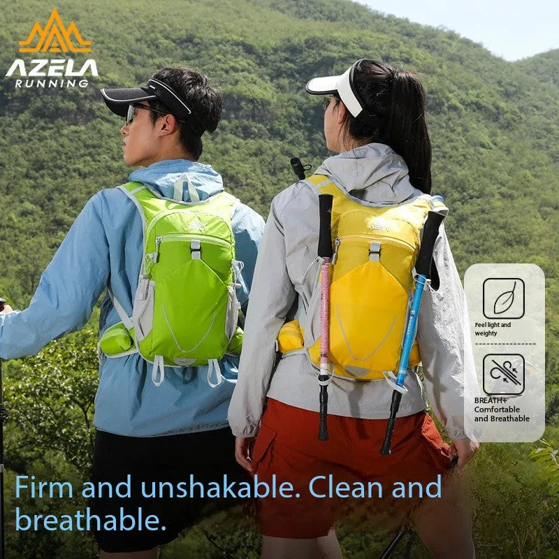 AZELA lightweight breathable mesh hydration backpack for trail running and hiking in dark yellow angle view