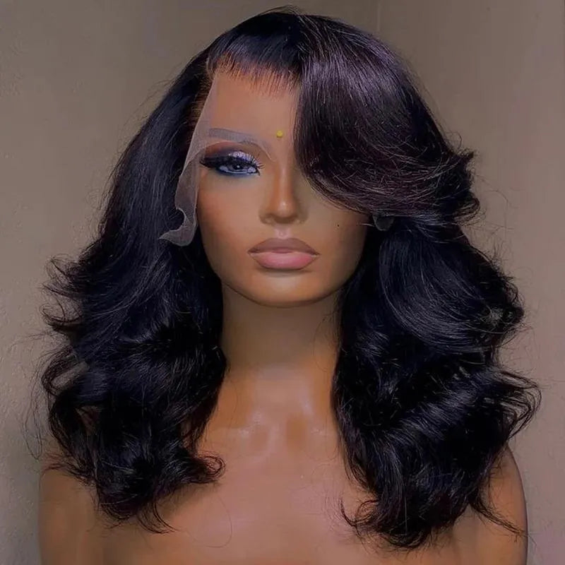 Black wavy curly human hair lace front wig natural hairline elastic band women