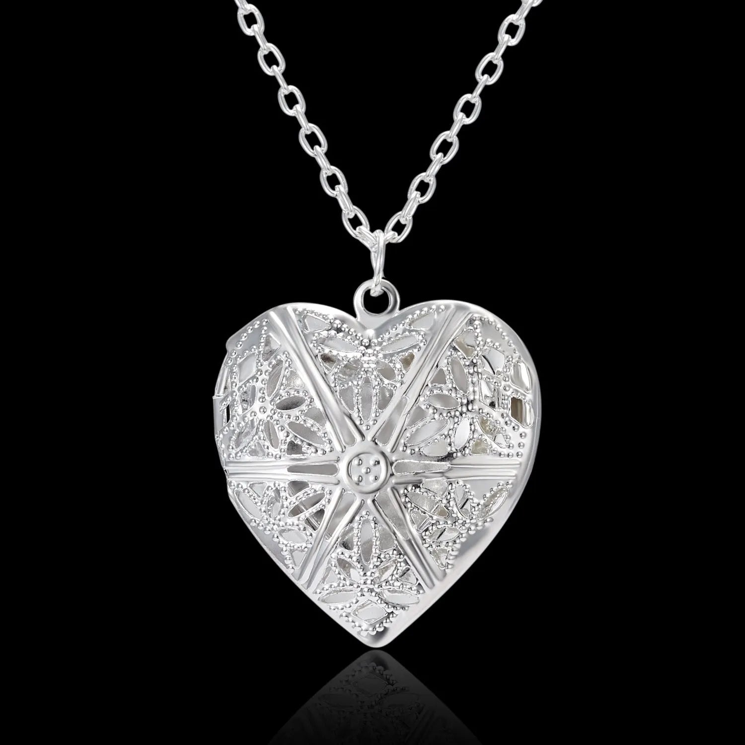 Carved heart photo frame pendant necklace in alloy showing a personal photo inside