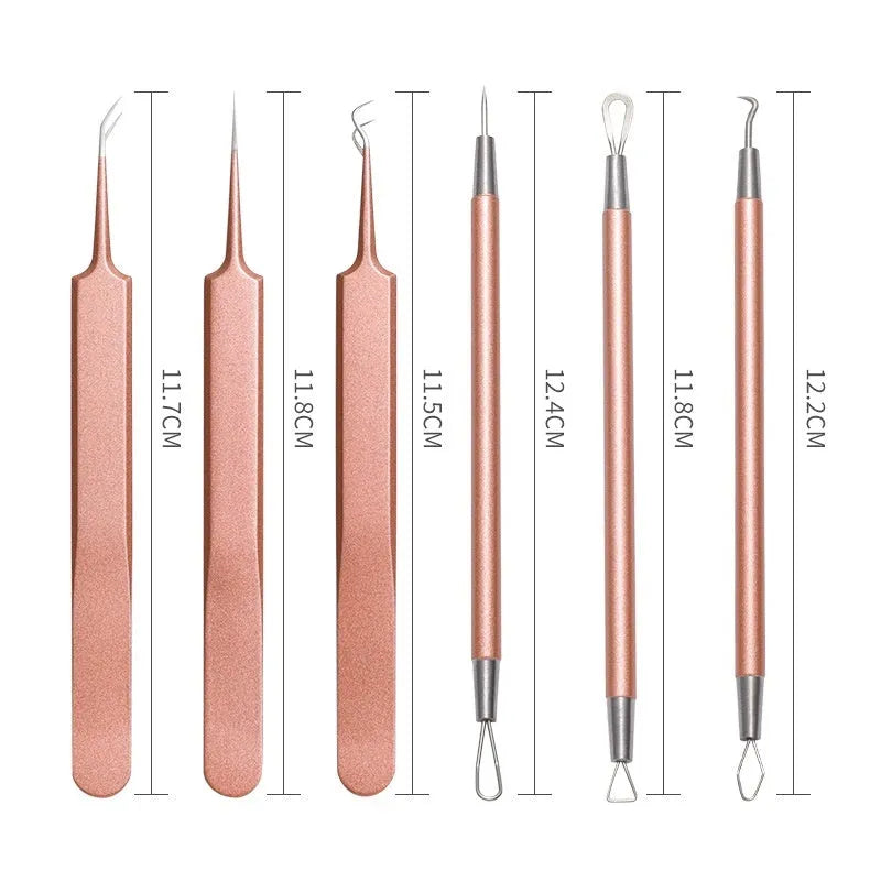 Six-piece stainless steel rose gold acne removal tool set with dual-purpose design